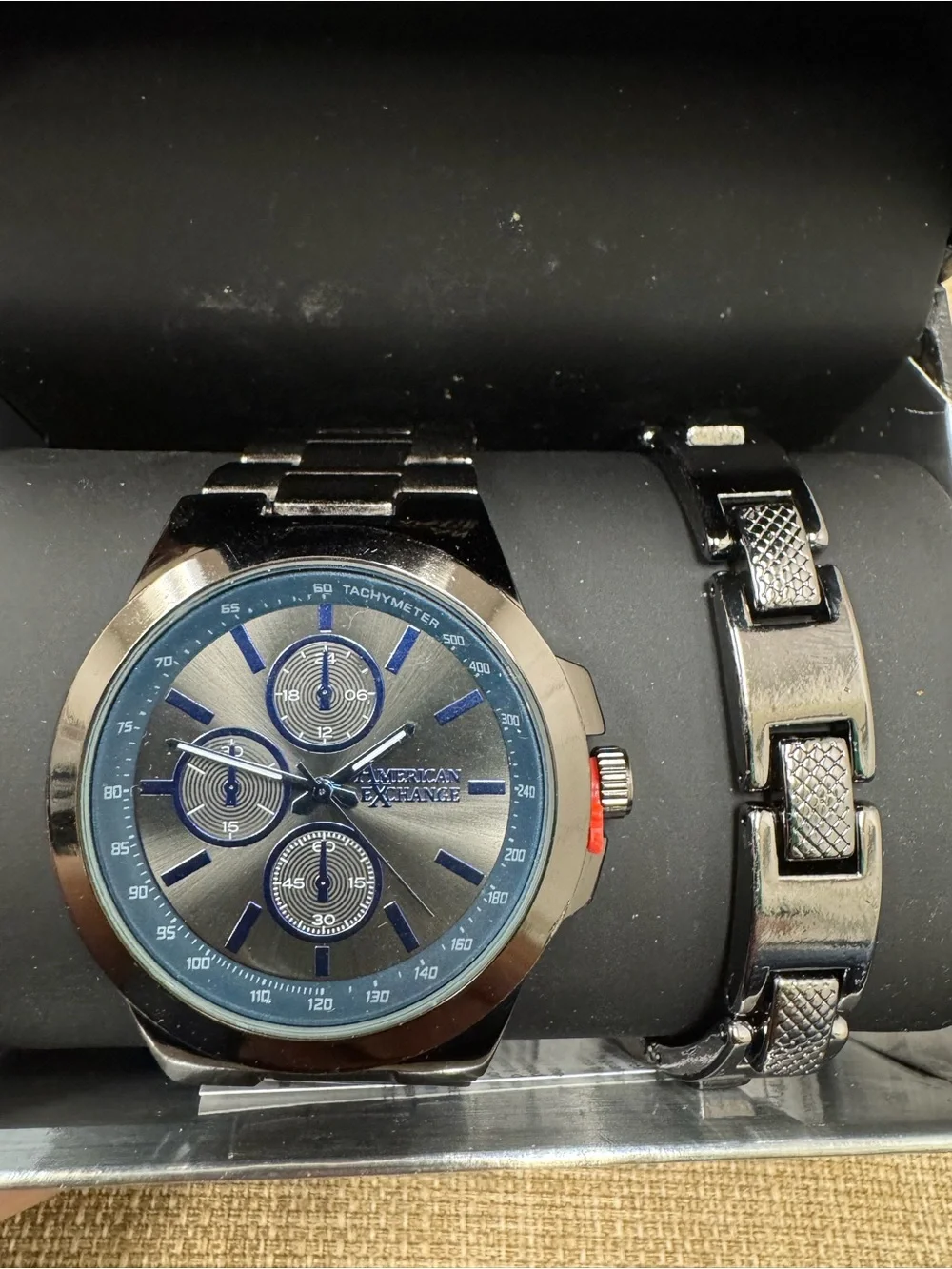American Exchange Men's Quartz Chronograph Tachymeter Black Bracelet Watch Box